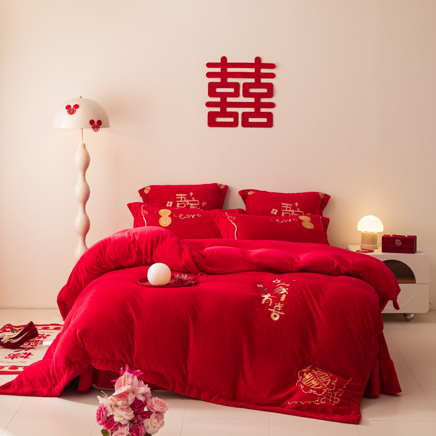 红花车牛奶绒婚庆刺绣四件套