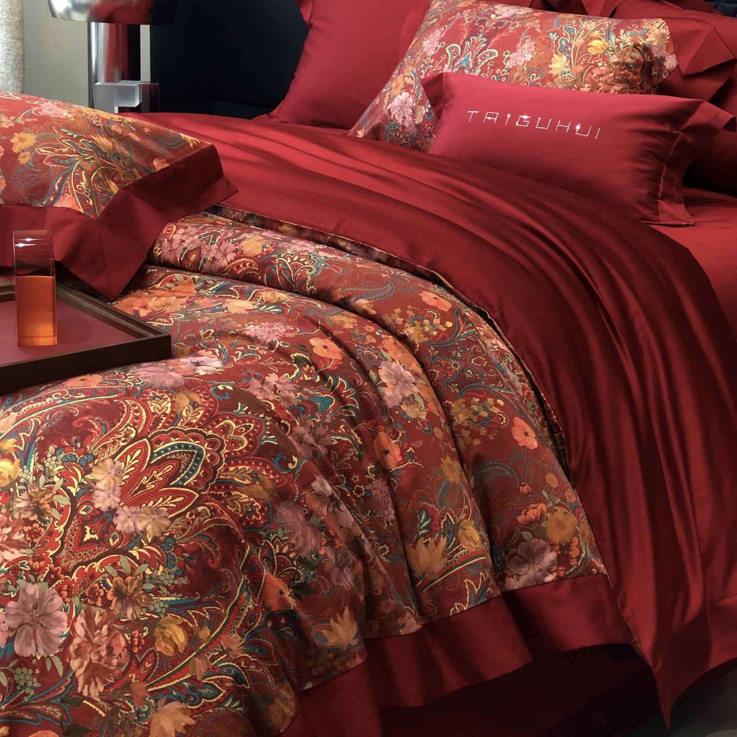 红花车全棉100S长绒棉喜庆四件套红色被套床单婚庆乔迁铺床套件