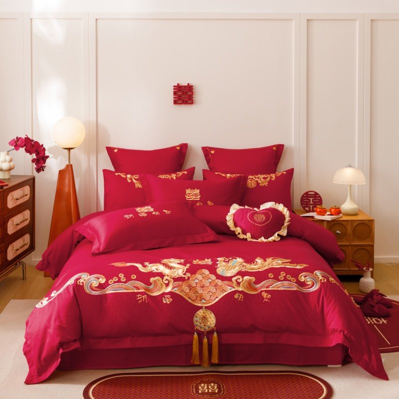 长绒棉结婚四件套刺绣床上用品纯棉大红色新婚婚庆六件套,床上用品,婚庆床品套件,淘宝优惠券,粉丝福利购,淘宝优惠卷