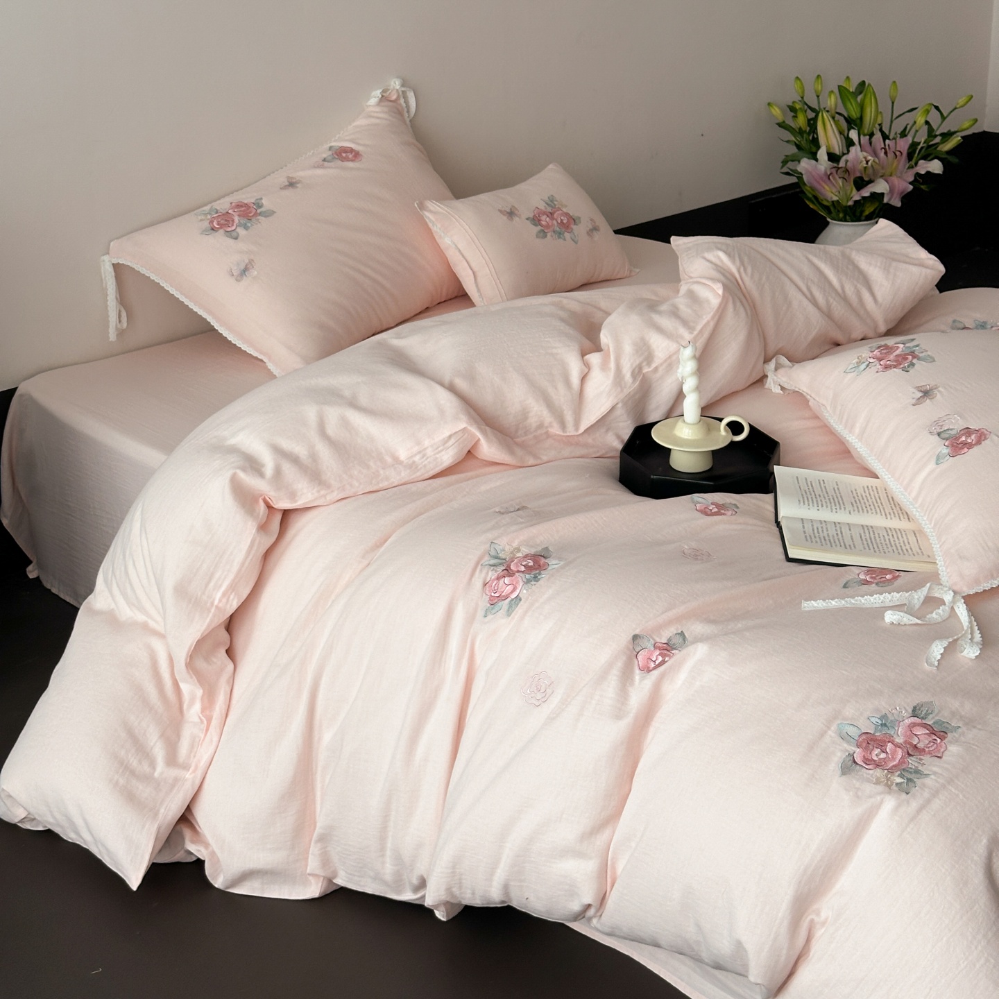 红花车全棉皱皱纱四件套