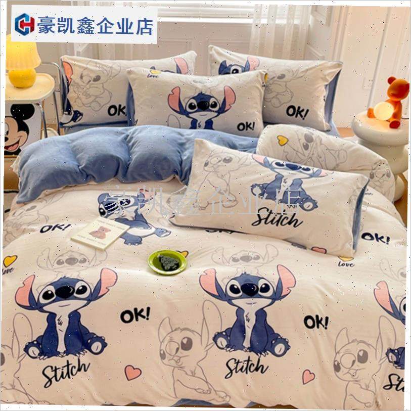 冬季加绒加厚史迪仔n牛奶绒四件套迪士H尼卡通被罩珊瑚绒床单三.