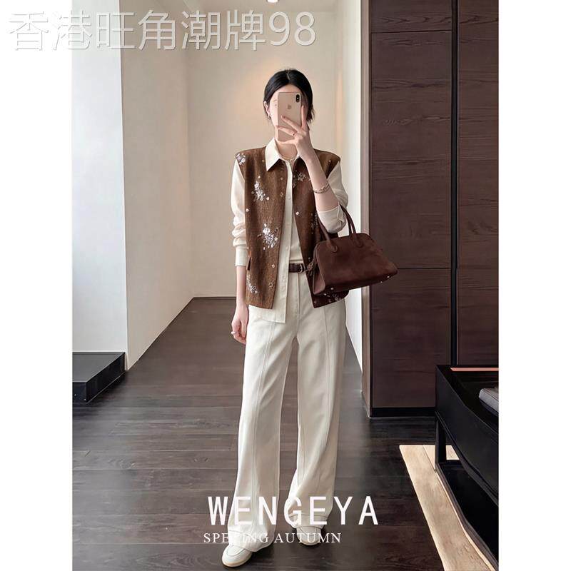 韩版复古风咖色翻领马甲裤子两件套女2026秋新款时尚显瘦休闲套装