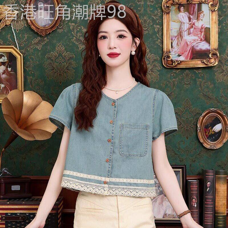 韩版蕾丝拼接牛仔衬衫女夏季2026新款设计感洋派1/4吋套筒扳手袖