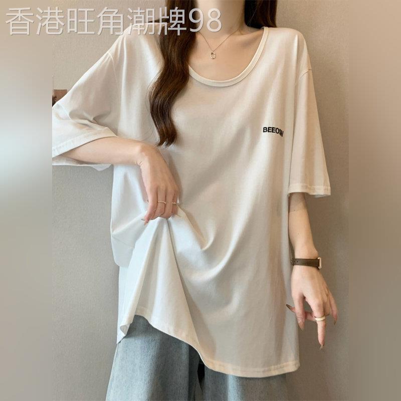 潮牌大版u领正肩短袖T恤大尺码女夏季新款胖mm宽松遮肚中长版上衣