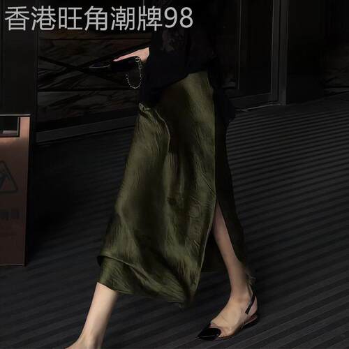 醋酸半身裙女2026夏季新款时髦高腰侧开叉气质百搭显瘦遮胯包臀裙