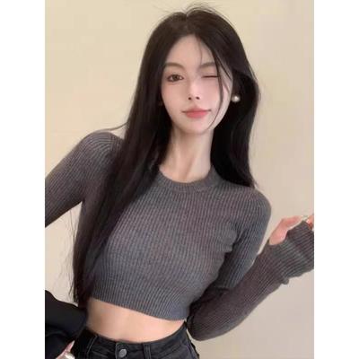 灰色长袖针织衫女2025春秋内搭修身短款露脐洋气紧身打底衫上衣潮