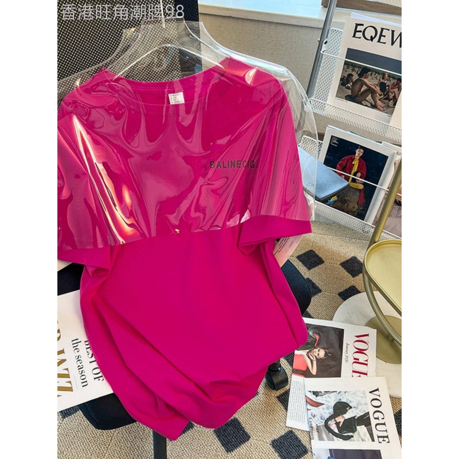 韩国宽松短袖玫红色t恤女2025夏季款中长款字母印花潮牌上衣ins
