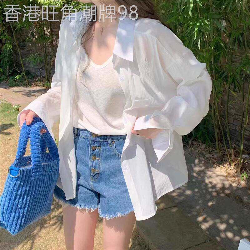 冰丝防晒长袖衬衫女夏季薄款宽松百搭简约白色空调衫雪纺衬衫外套