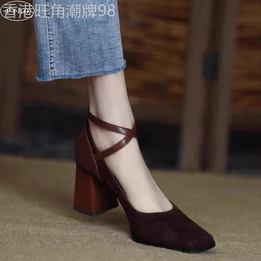 玛丽珍鞋女2025新款春秋季磨砂皮拼接覆古方头粗跟交叉带扣单鞋子