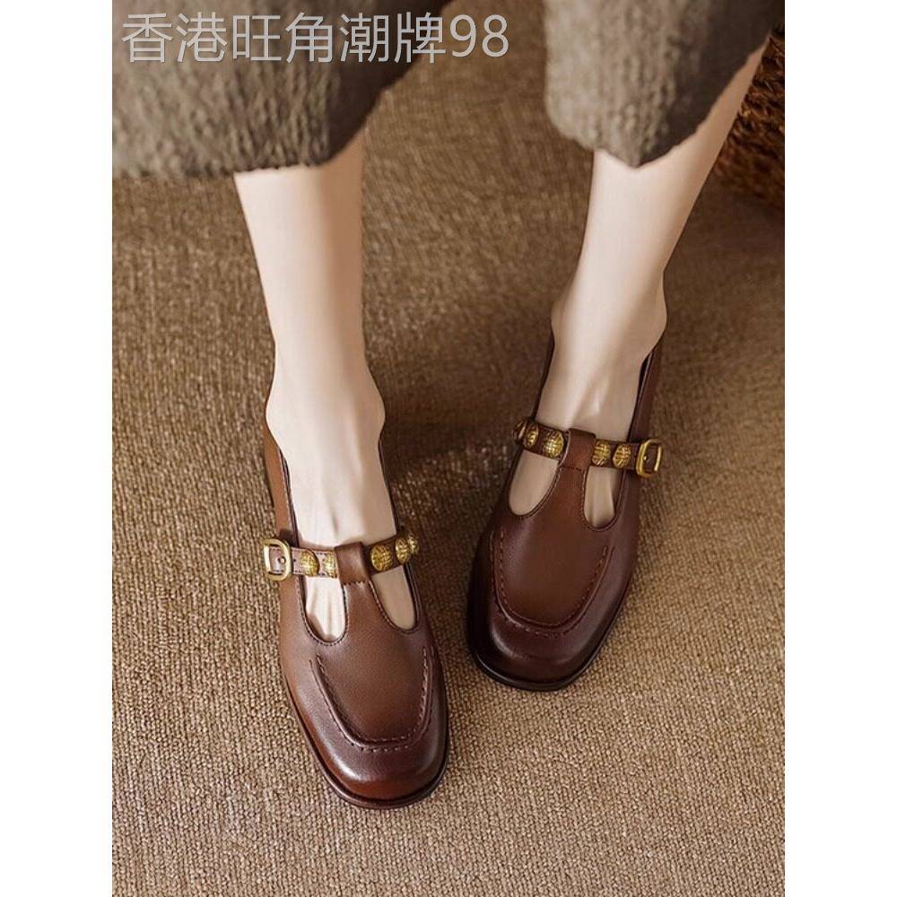真皮法式复古小皮鞋女2025年春季新款粗跟方头铆钉中跟玛丽珍单鞋