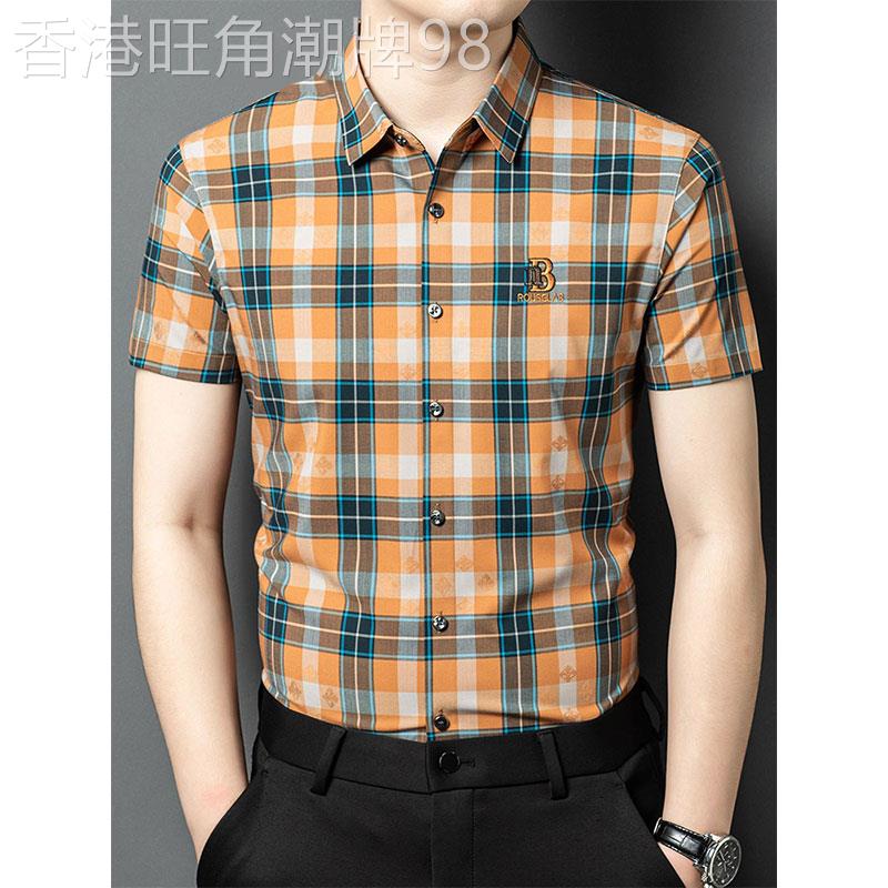冰丝短袖衬衫男士夏季薄款潮牌修身印花刺绣翻领衬衣百搭休闲T恤