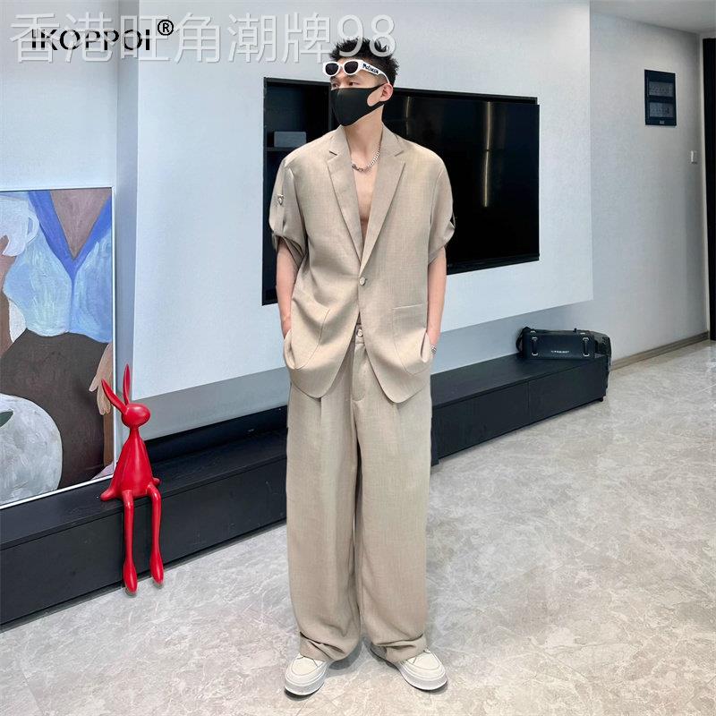 高端男士休闲棉麻短袖休闲西服套装2025夏季轻薄透气抗皱两件套