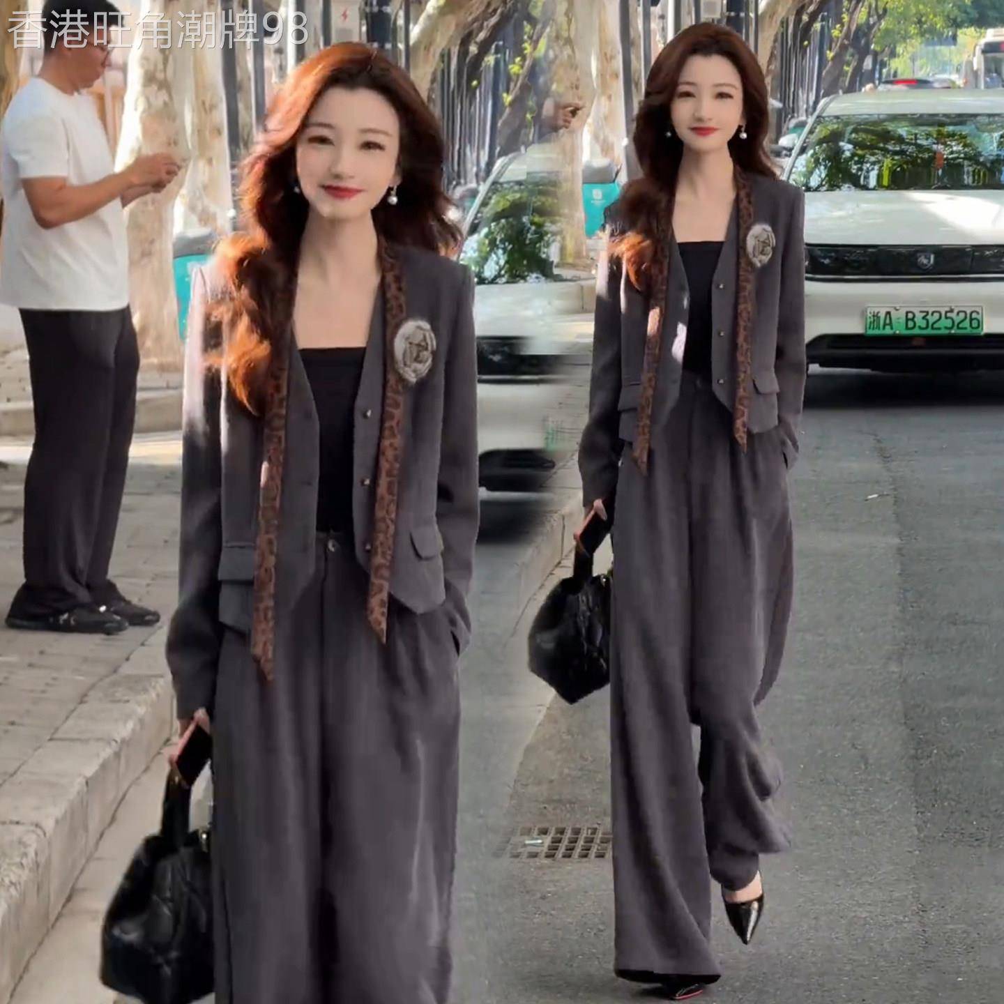 香港代购时尚西装套装女秋季新款时髦西服短外套阔腿裤气质两件套