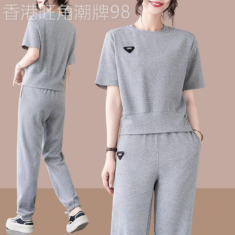 运动套装女夏2026新款大尺码宽松圆领短袖休闲跑步服洋派两件套