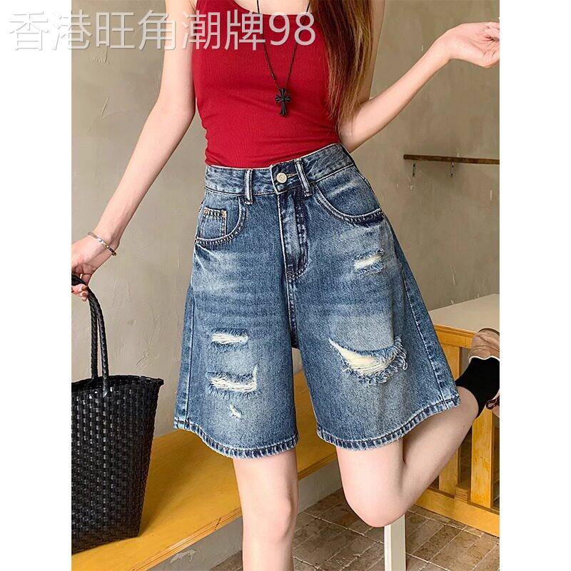 牛仔短裤女夏季薄款2025新款覆古高腰a字显瘦阔腿破洞五分五分裤