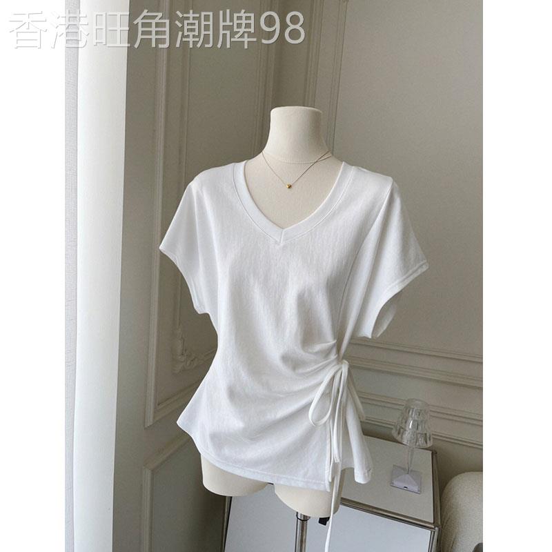 短袖T恤女夏季2026新款韩系绑腰修身显瘦高级设计感V领蝙蝠袖上衣