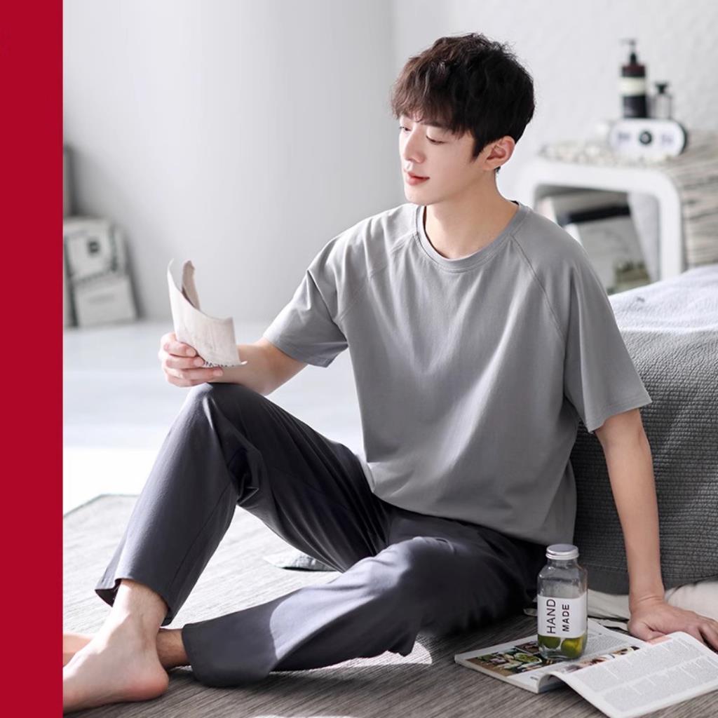 高端品牌睡衣男款夏季夏天纯棉短袖长裤休闲 简约风家居服套装夏