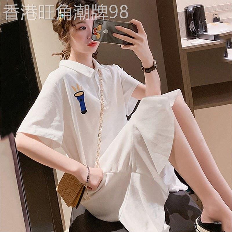 学院风polo领连衣裙夏天2026欧货荷叶边下摆印花运动休闲直筒裙子