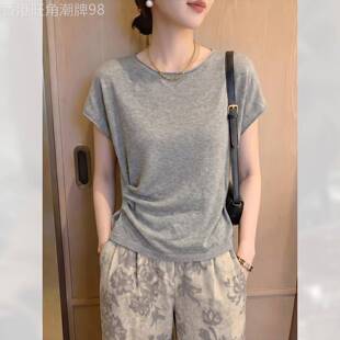 褶皱显瘦别致T恤简约女装夏季2026年新款短袖上衣轻薄通勤小个子