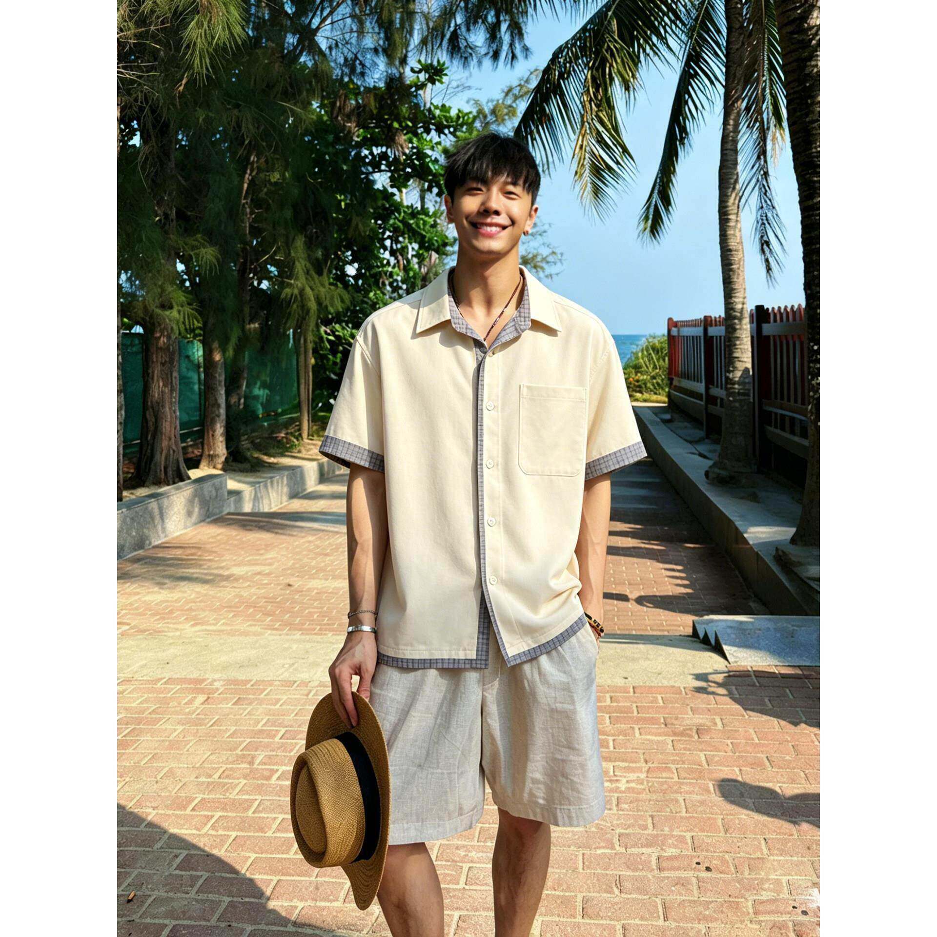 潮牌老钱风撞色格子翻领短袖衬衫套装男夏季海边度假穿搭一整套潮