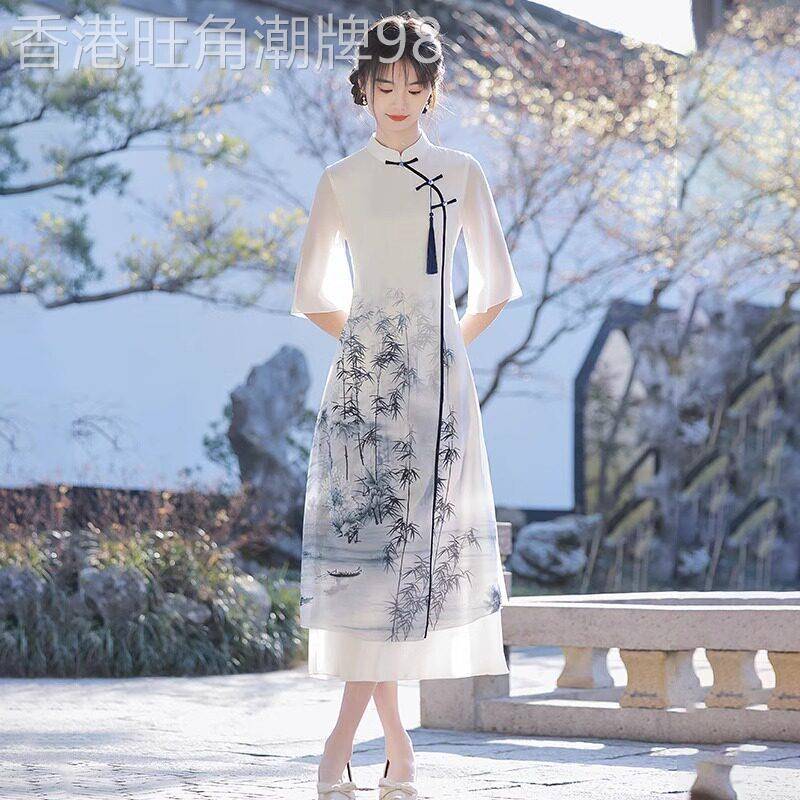 潮牌改良旗袍汉服女2026夏季年轻款民族风文艺中长款水墨画连衣裙