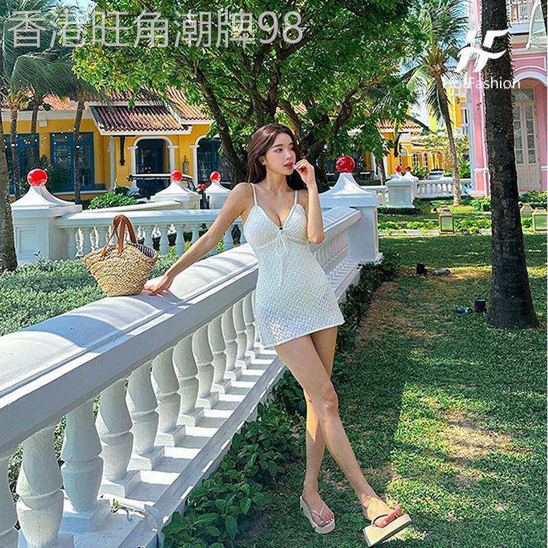 白色保守裙式性感吊带连体V领泳衣女士款高级感泡温泉装2026新款