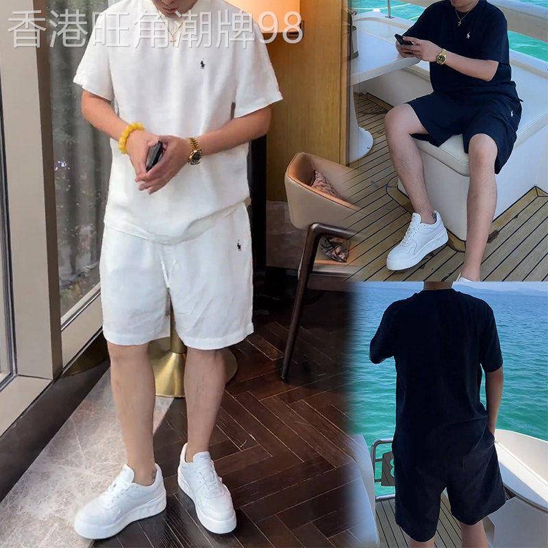 纯色刺绣休闲套装男士夏季潮牌痞帅气青年短袖短裤运动两件套穿搭