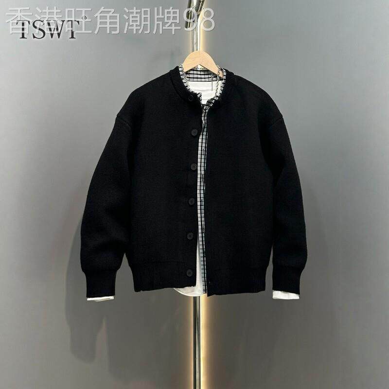 高端老钱风假两件格子毛衣外套男士春秋新款拼接休闲透气开衫上衣