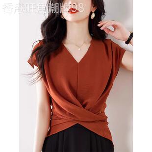焦糖色通勤V领短袖T恤女夏季欧货修身收腰交叉设计感洋气高端上衣