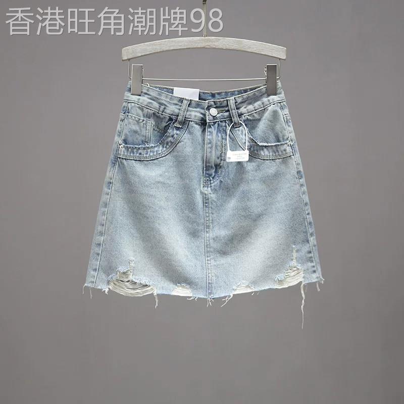 浅蓝色高腰破洞牛仔半身裙女夏季欧货百搭显瘦A字短裙时尚口袋裙