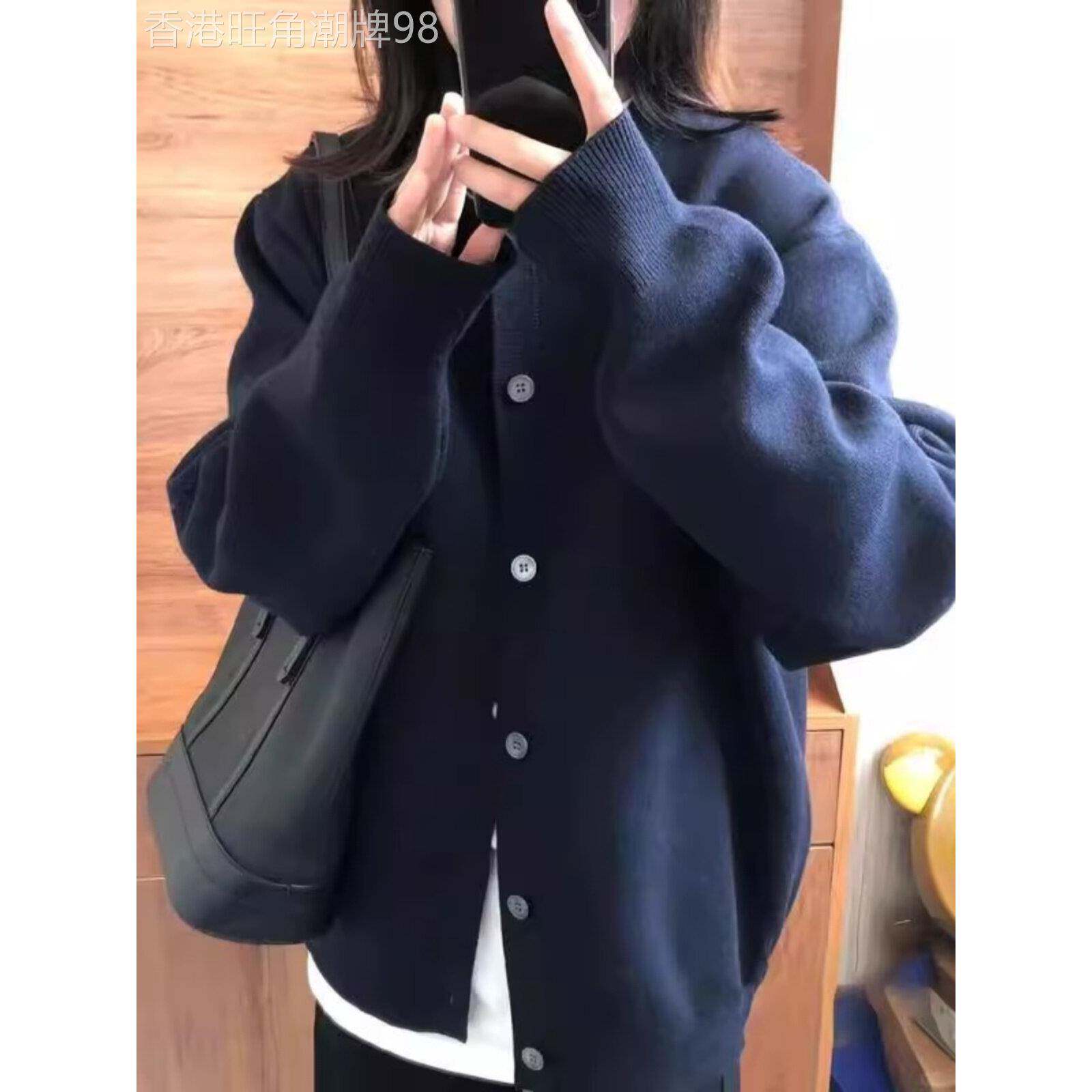 藏青色针织开衫外套女款2025秋季穿搭高级感宽松休闲百搭毛衣上衣