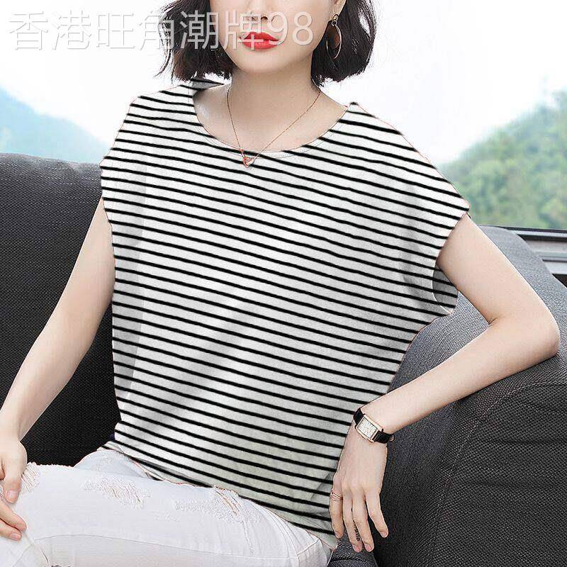 中年妈妈2026夏季新款大尺码条纹纯棉蝙蝠袖T恤女宽松显瘦上衣薄