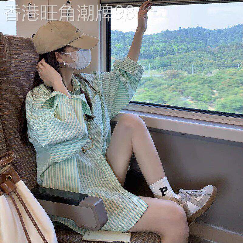 潮牌大码绿色条纹衬衫女春秋季2025年新款韩版宽松中长款开衫上衣