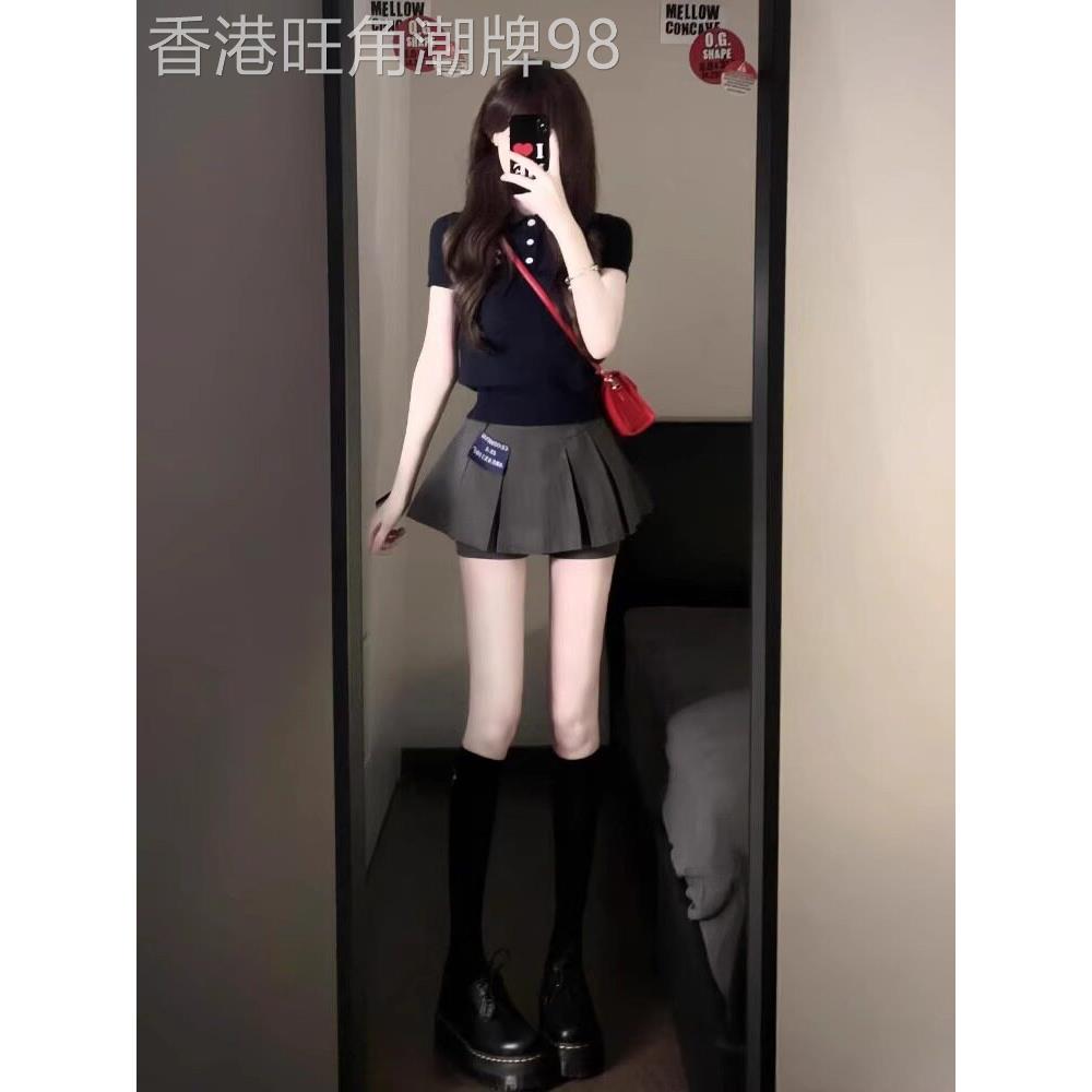 日系夏季小个子穿搭黑色短袖polo领上衣百褶短裙可盐可甜两件套女