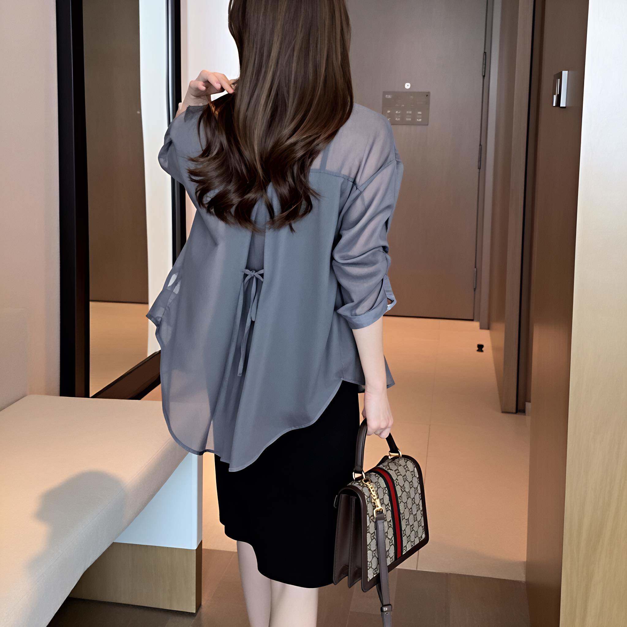 高级感灰色冰丝雪纺衫女夏薄款2026新款垂感外搭罩衫长袖防晒外套