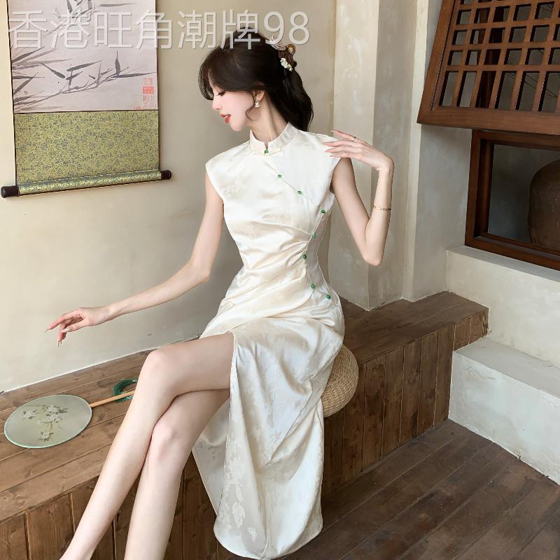 专柜2026夏新中式缎面改良旗袍连衣裙女提花无袖旗袍裙开叉包臀裙