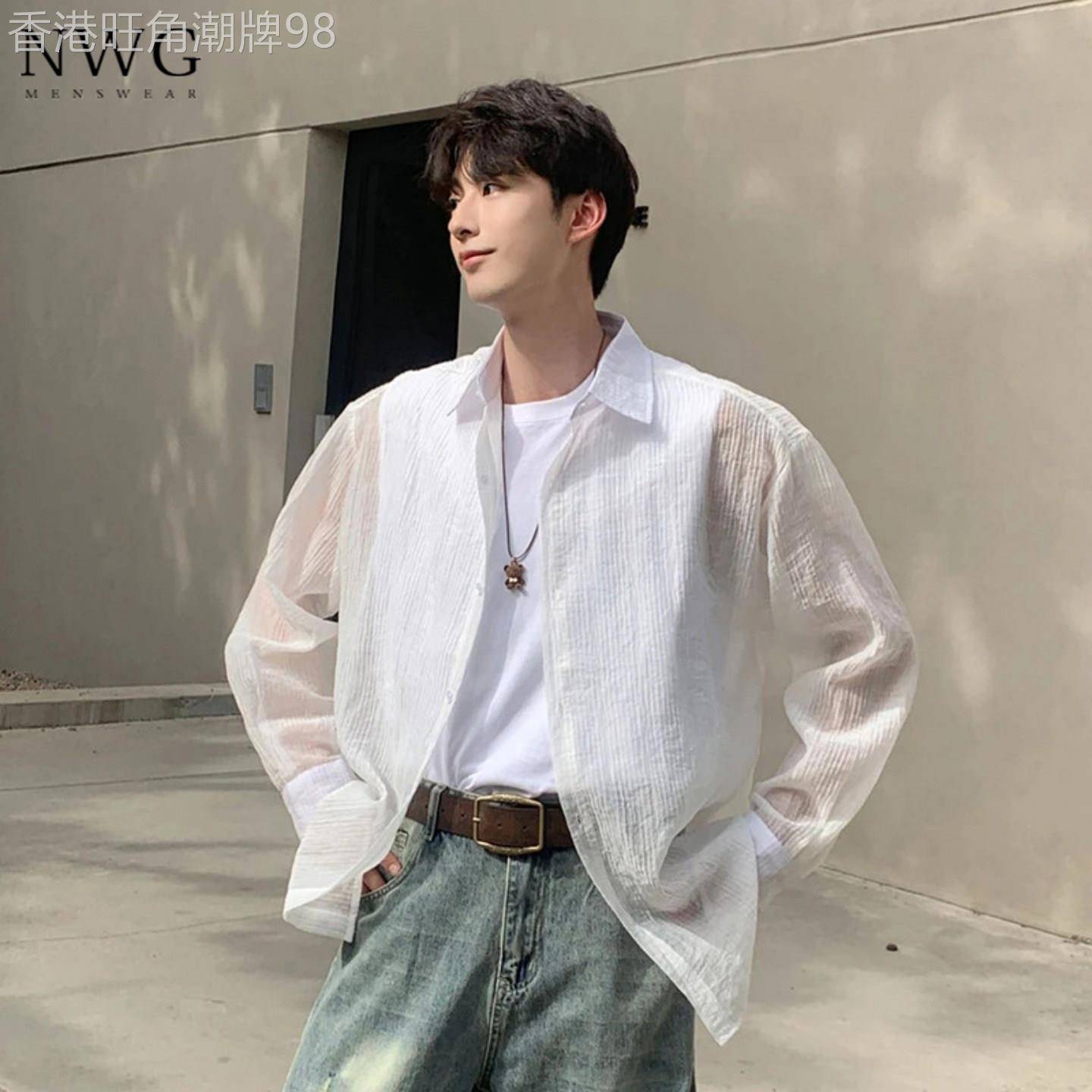 白色冰丝防晒长袖衬衫男夏季薄款凉感宽松肌理感衬衫男士休闲外套