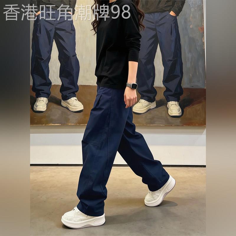 轻奢高端藏青色美式复古弯刀裤子男春秋宽松直筒宽裤休闲工作服裤