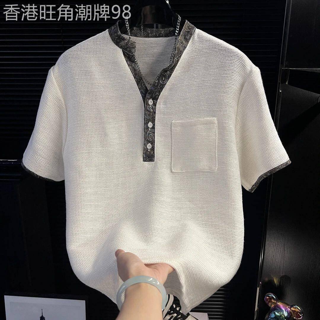 潮牌韩式宽松时尚气质衬衫男士夏季小立领V口百搭拼接短袖休闲T恤