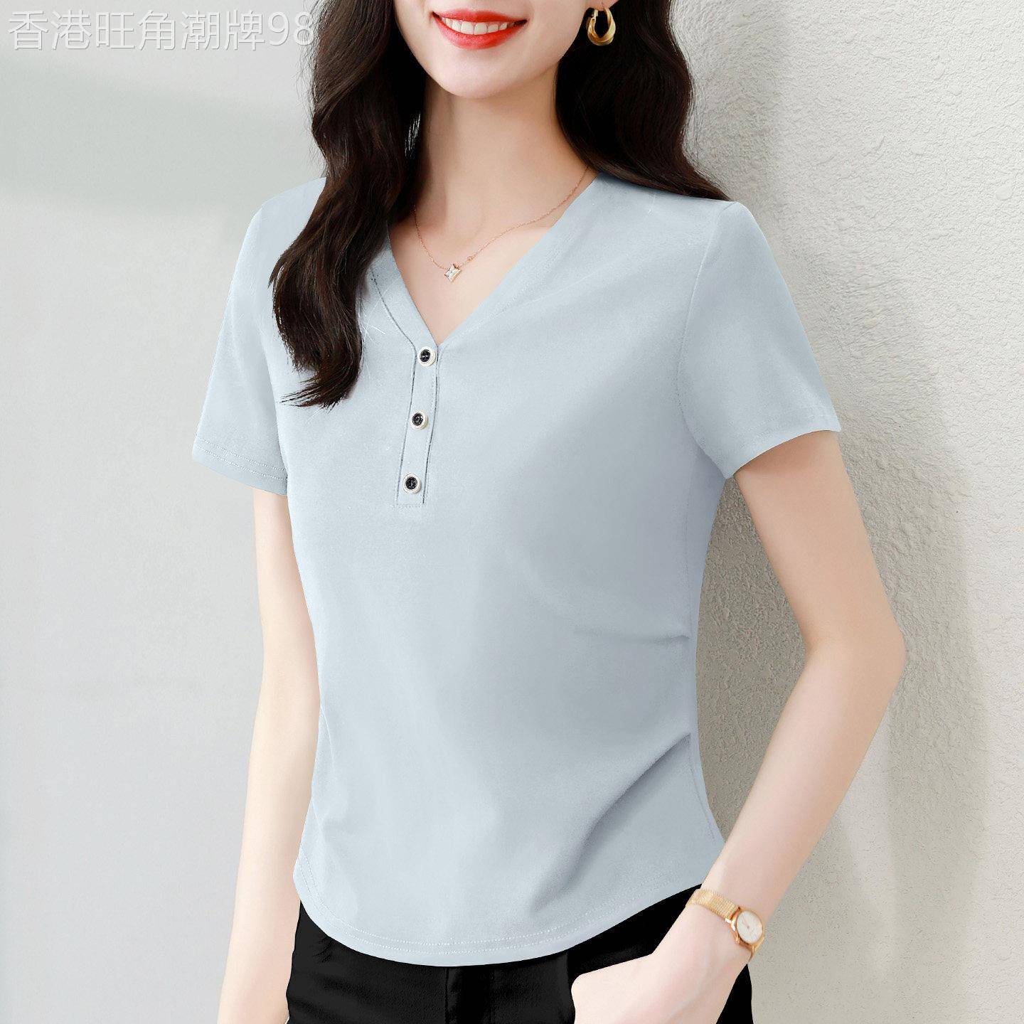蓝色正肩短袖t恤女夏装2026新款洋派减龄V领T恤衫修身显瘦上衣潮