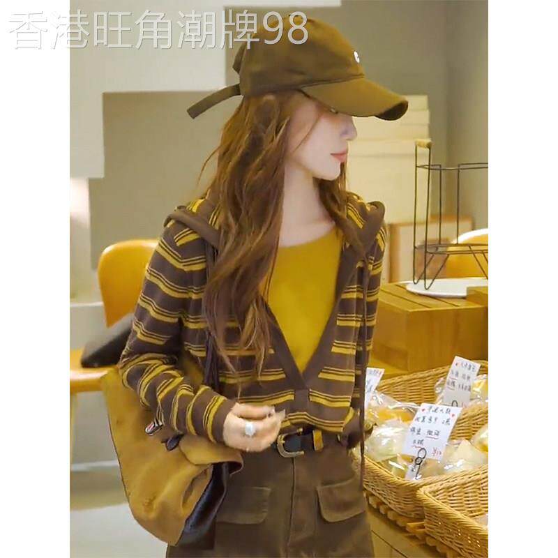 条纹假两件针织衫女春秋2026年新款韩版减龄撞色显瘦休闲连帽上衣