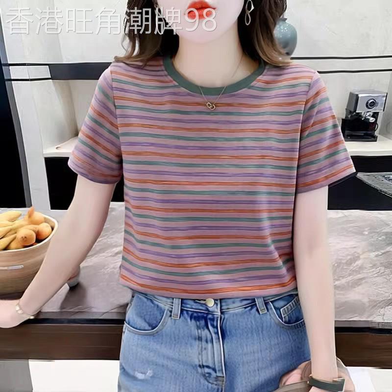 纯棉正肩短袖t恤女夏季2026新款薄宽松大码显瘦条纹半袖体恤上衣