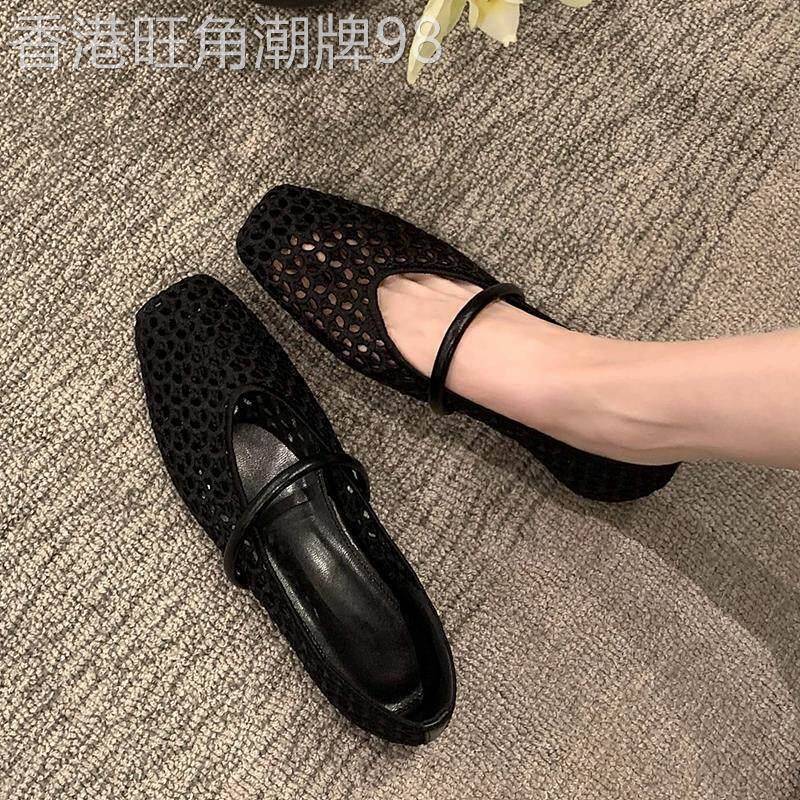 店主自留新款~镂空平底包头凉鞋女夏透气方头浅口法式玛丽珍单鞋