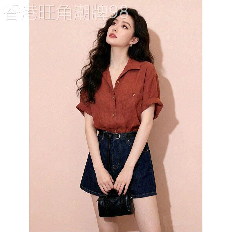 红色Polo领短袖衬衫女2026夏季新款纯色简约宽松遮肚显瘦翻领衬衣