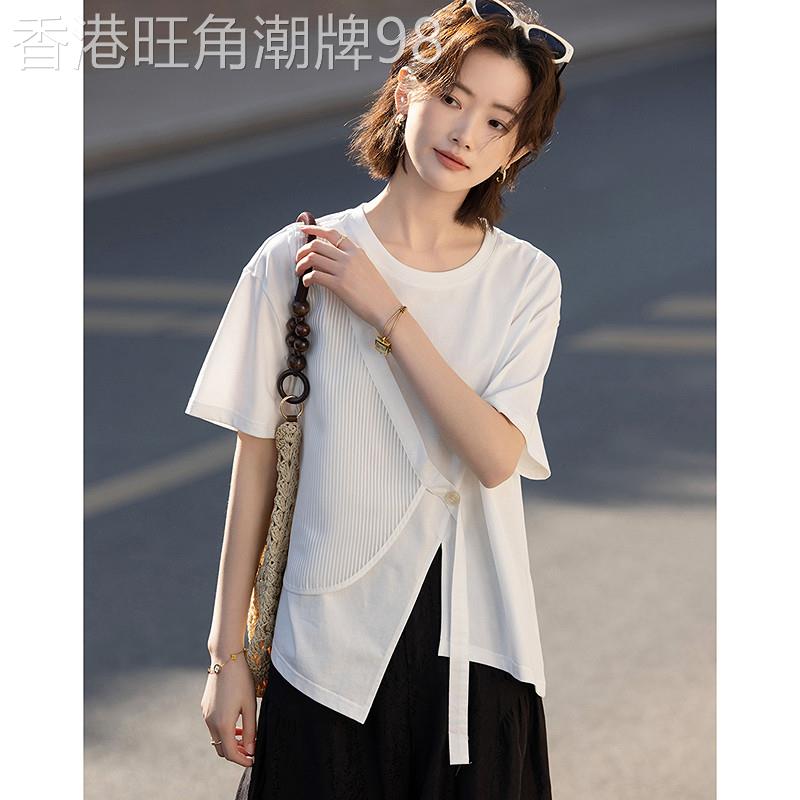 德玛纳设计感拼接飘带T恤女26夏季新款圆领开叉下摆舒适休闲上衣