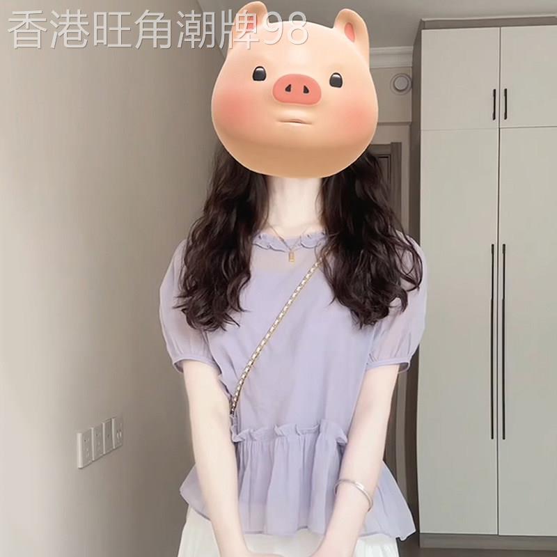 法式泡泡袖紫色雪纺衬衫女2026夏季新款小个子独特超好看别致上衣
