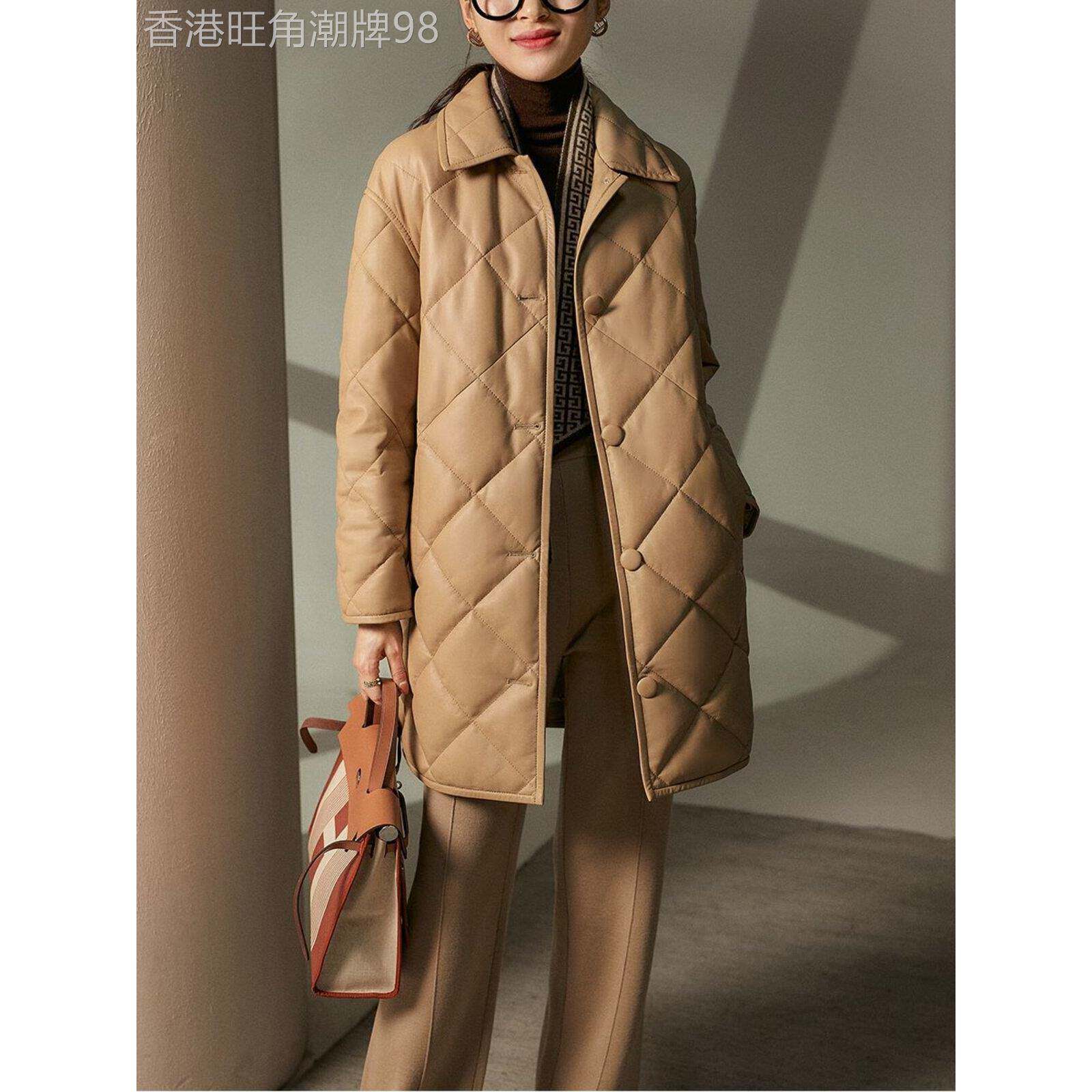 日系轻奢气质菱形格中长款绵羊皮羽绒服女冬季大鹅绒真皮皮衣外套