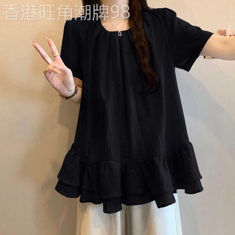 黑色短袖衬衫女夏季薄款2026新款高级感大尺码胖mm荷叶边娃娃衫上