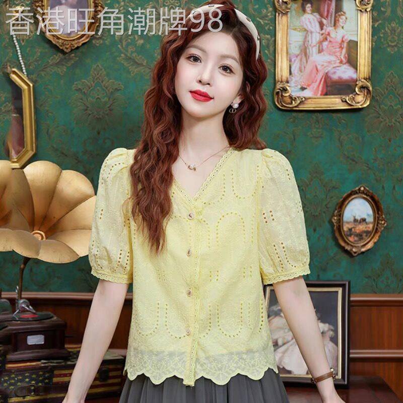 潮牌V领正肩短袖雪纺衫女夏季2026设计感洋派镂空衬衫女显瘦遮肚