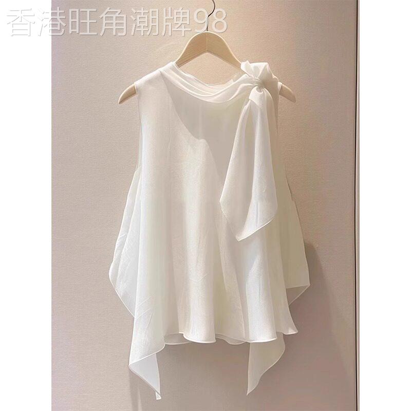 白色挂颈衬衫女夏新款法式系带无袖不规则宽松温柔风纯欲背心上衣